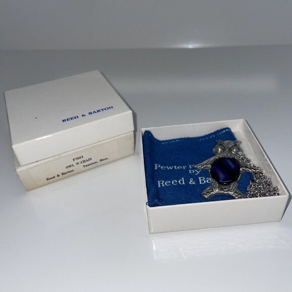 Reed and Barton Owl Pendant Necklace Blue Swirl Jelly Belly Pewter Bird Boxed N8 - Picture 3 of 16